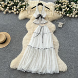 Pure-Want Holiday Suit Female Summer Sexy Hanging Neck V Neck Bare Back Chiffon Top High Waist Half Skirt Suit