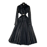 French Retro Elegant Dress Women Winter High Hook Lace Splicing Mesh Yarn Irregular Knee Dress
