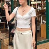 2025 Summer Fashion Trend Women's New Short-Sleeved V-Neck Lace Lace-Up T-Shirt