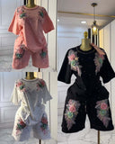 Fashion Set European Dress Design Butterfly Set Drill Short Sleeve T-Shirt Blouse Woman + Tight Waist Broad Leg Shorts Two Sets