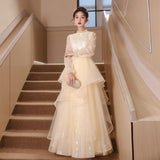 Evening Dress Light Luxury Niche Banquet Host Graduation Dress 2025 New Champagne Long-Sleeved Art Exam Dress