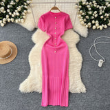 Congyuan Style Temperament Knitting New High-End Collar Single Buckle Short Sleeve Slimming French Style Long Dress