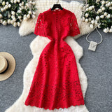 High-End Squeer Hook Lace Dress Female French Waist Thin Temperament Short-Sleeved Long Dress 2025 Summer
