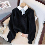 Sweater Autumn And Winter Splicing Women's Shirt Wear Design Niche Collar Loose Jaflage Shirt Fake Two