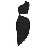 2025 Summer New Women's Fashion Slanted Single Shoulder Hollow Solid Color Draw Folded Waist Dress