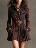 2025 Women's Digital Printed Check-Shirt Dress Waist Pocket Dress