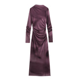 Women's Clothing 2025 Spring New Printing Mesh Collar Long Sleeve Folded Long Dress