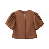 Fashion Bubble Sleeve Single-Button Shirt 2025 Spring And Summer Sweet Round Collar Short Top Female Casual