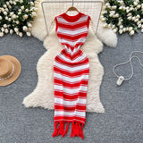 Goddess Fan Temperament Body-In-County-Necked Sleeveless Striped Knitted Dress Women's Summer Tight-Dled Ass Tuxedo Dress