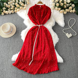 Famous Temperament Heavy Industry Pearl Wood Ear Round Collar Dress Women's Summer New Waist Thin 100 Folded Long Skirt