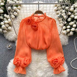 French Shirt Female Design Sense Small Three-Dimensional Flower Bubble Sleeves To Reduce The Age Of Pure Color Chiffon Shirt Women's Long-Sleeved Top