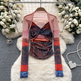Spice Girls Tie-Dye Mesh Jersey Long-Sleeved T-Shirt Girl Thin Perspective Temperament Fashion Folding Top