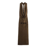 2025 Summer New Women's Sexy Back Repair Metal Foil Hanging Neck Dress