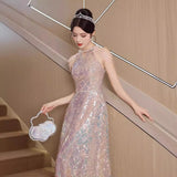 Pink Lysung Dress Dress Dress 2025 New Toaster Light Luxury Niche Conference Host Banquet Evening Dress