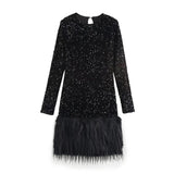 Women's Clothing Spring 2025 New Glit Decorative Feathers Spliced Long-Sleeved Mini Dress