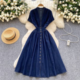High-End Women's Dress 2025 Summer High-End Deep V-Neck Waist Buckle Body Pressure Folding Casual Denim Dress