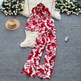 Lightly Familiar Wind Wearing A Female Fashionable Loose-Fitting Long-Sleeved Printed Shirt + High-Waisted Casual Broad-Legged Trousers Set