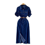 Light Luxury Famous Feudal High-Level Feeling Polo Collar Denim Dress Women Summer Fork Belt Design Niche Temperament Dress