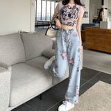 Spring And Autumn Sweet And Spicy Girl Rose Print Jeans Women Design High Waist Straight Trousers Hanging Broad Leg Trousers