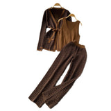 Oceanish Clopette Dress Dress Shawl Jacket + V-Neck Bottom Knitted Shirt + Broad Leg Trousers Three-Piece Set