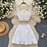 Spice Girls Hollow Embroidery Suit Female Sling With Short Waist Vest + High-Waist A-Word Skirt Sexy Two