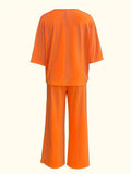 2025 Standing V-Neck Bat Sleeve Top Sleeves Casual Trousers Set Stylish