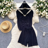 European Fashion Set Women's Summer Design Three-Dimensional Relief Hooded Sleeveless Knitted Tops High Waist Broad Leg Shorts