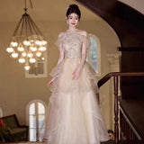 Evening Dress 2025 New Banquet Temperament Long-Term Squins Adult Choir Show Long Dress Tibetan Blue