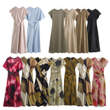 Women's Clothing 2025 Spring New Temperament Elegant Silk-Sting Texture Waist-Print Amply Dress