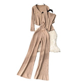 High-End Feel Set 2025 Spring Women's Metal Buckle Vest Knitted Open-Shirt Broad Leg Pants Fashion Three-Piece Set