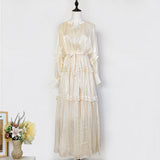 Elegant Temperament Dress 2025 New V-Neck Lantern Sleeves Folded Long Silk Dress Dress
