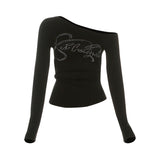 Fashion 2025 New Women's Clothing Sexy Hot Girl Slanted Shoulder Hot Diamond Body Slim Thin Irregular Top Woman