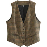 Autumn New Women's Retro V-Neck Sleeveless Single-Creed Short Bump Color Thousand Birdge Vest Vest