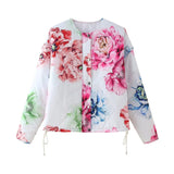 2025 Summer Women's Retro Loose-Fitting Round-Neck Long-Sleeved Flower Print Drawstring Cotton Coat