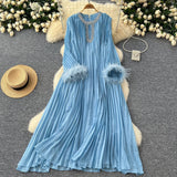 Autumn 2025 New Elegant Solid Dress Round Collared Loose Hair Splicing 100 Folding Long Dress