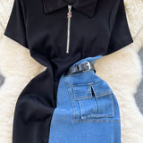 Chic Port Style Retro Denim Dress Girl Design Bump Color Splicing In The Long Short-Sleeved Temperamental Dress