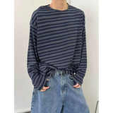 Men's Autumn New Lazy Ins Literature And Art Simple Loose Haired Round-Neck Striped Long-Sleeved T-Shirt Popular Temperament