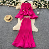 Oceanish Fashion Strap To The Waist Horn Sleeve Lotus Loaf Under The Pendulum Folding Folding Top + High-Waisted Fish Tail Half-Body Dress