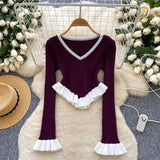 Clamming Striped Knitted Shirt Autumn Lotus Side Hem Horn Sleeves Slimmed Out Of The Bottom Coat