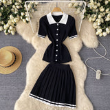 Pure Hot Babes Hit The Color Polo Collar Short-Sleeved Shirt Top + High Waist Thin 100-Folded Skirt Two Sets Of Summer