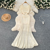 Korean Women's Clothing Holiday Wear Gentle Wind Hollow Hook Flower Knitting Dress + Sling Skirt