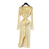 French Small Fragrant Style High-Level Sense V-Neck Metal Buckle Waist Knitted Dress Women Autumn Body Fork Long Dress