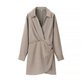 Side Wrinkled Dress 2025 Spring And Summer Shirt Style Long-Sleeved V-Neck High Waist Repair Short Mini Skirt