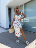 New Elegant Design French Flower Sling With Open Fork Mid-Long Ladies Dress In Summer 2025