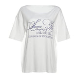 2025 Summer New Women's Street Fashion Letter Print Slanted Shoulder Short-Sleeved Loose T-Shirt Top
