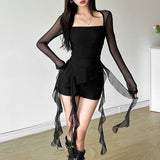 In The Autumn Of 2025, The New Women's Hottie Sexy Square Collar Perspective Repair On The Body Of The Mole Side Irregular T-Shirt