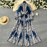 Holiday Style Dress Women's Spring Court Collar Lantern Sleeves To Close The Waist Single Buckle Printing Folded Long Skirt