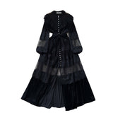 Court-Style Dress Women's French Retro Fashion Collar Pearl Single Buckle Lace Splicing Velvet Swoon Long Dress