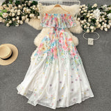 2025 New Flower Series Holiday Dress Women's Lotus Leaf Side Shoulder-Repair Long Chiffon Fairy Dress