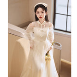 New Chinese Adult Ceremony Collared Cheongsam Evening Dress Student Vocal Art Exam Dress 2025 New Long-Sleeved Dress